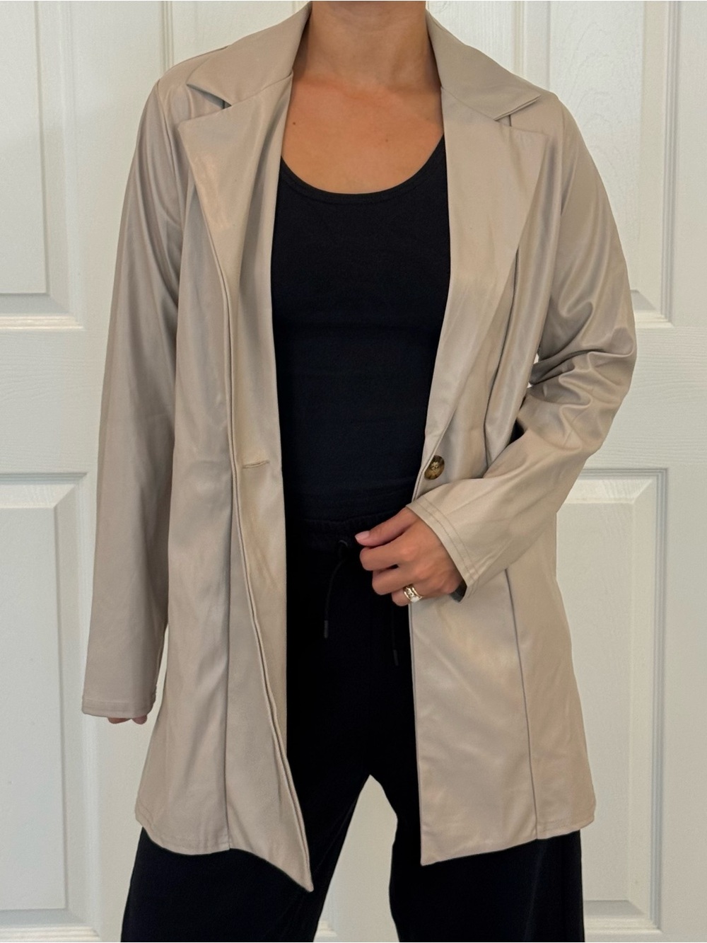 PrettyLittleThing Stone Longline Faux Leather Blazer